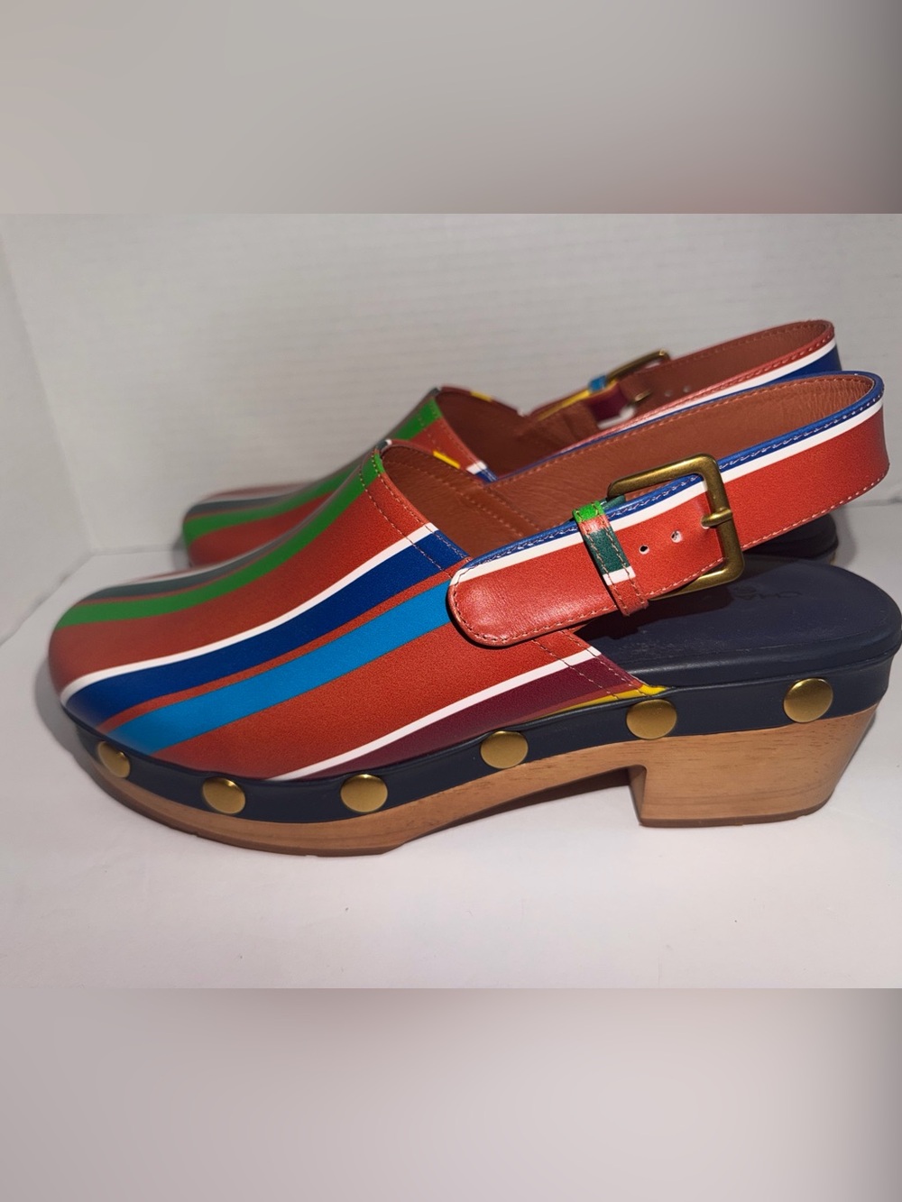Charlotte Stone Jona Kite Stripe MultiColor Wood Platform Slingback Clog Size 12 - Picture 5 of 10